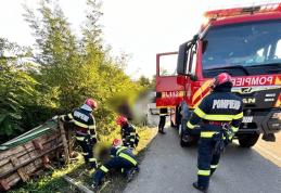 Bărbat salvat de pompieri după ce a fost prins sub o căruță cu lemne, în satul Iezer