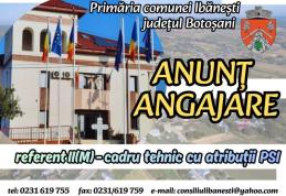 Primăria comunei Ibănești organizează concurs pentru ocuparea funcției de referent II(M) - cadru tehnic cu atribuții PSI