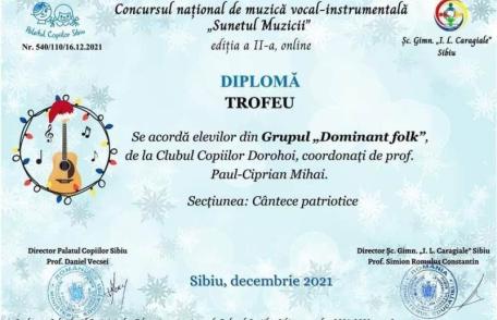 Elevi de la Clubul Copiilor Dorohoi premiați la Concursul Național „Sunetul muzicii” Sibiu 