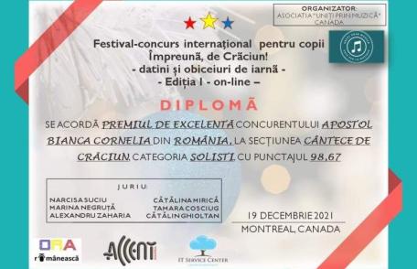 Elevă a Cercului Muzică folk-muzică ușoară de la Clubul Copiilor laureată la un Festival din Canada