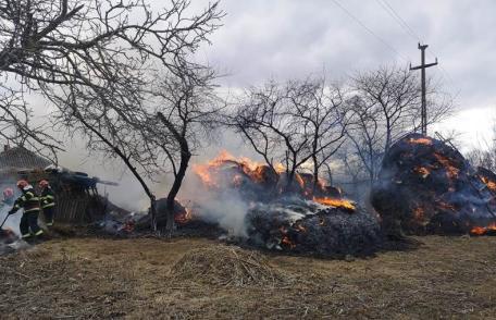 Cinci stive de furaje și un adăpost de animale mistuite de flăcări