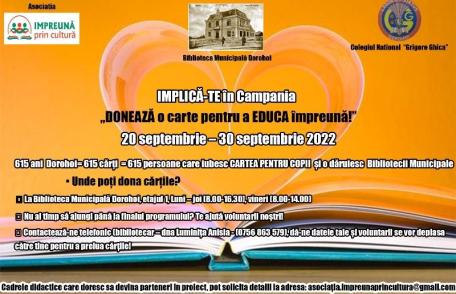 Biblioteca Municipală Dorohoi: Implică-te și tu în campania „Donează o carte pentru a educa împreună!”
