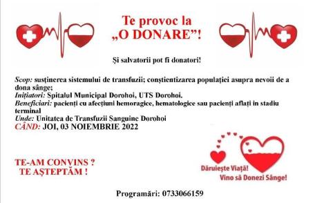 UTS Dorohoi: Implică-te în campania „Te provoc la o donare!” Facem bine împreună!
