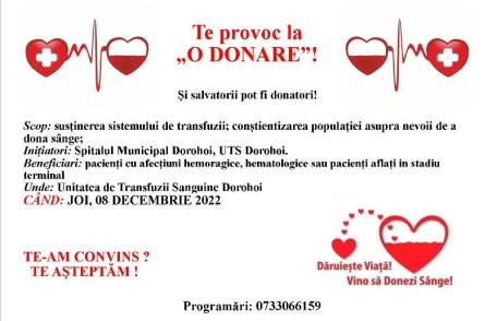 UTS Dorohoi, campania „Te provoc la o donare!”: De sărbători, să donăm o picătură de viață!