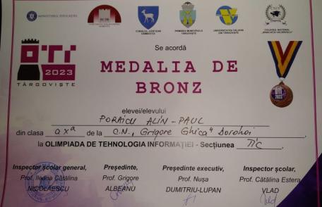 Medalie de bronz obținută de un elev al Colegiului Național „Grigore Ghica” Dorohoi la etapa națională a Olimpiadei de Tehnologia Informației