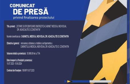 PNRR: Anunț finalizare implementare proiect „Dotare și eficientizare energetică cabinet medical individual dr. Adăscăliței D. Constantin”