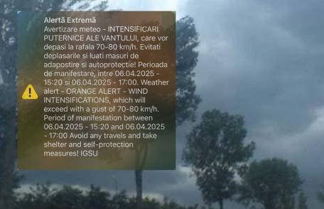 COD PORTOCALIU de intensificări ale vântului în județul Botoșani. Cetățenii avertizați prin mesaj RO-ALERT