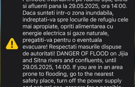 Cetățenii avertizați prin mesaj RO-ALERT de pericolul de inundații pe râurile Jijia și Sitna. CODUL ROȘU a fost emis