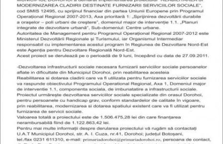 Dorohoi: Aviz favorabil pentru proiectul „Reabilitarea și modernizarea clădirii destinate furnizării serviciilor sociale”