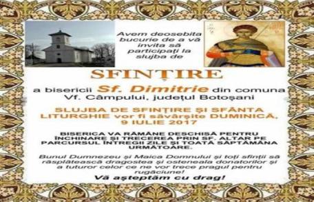PS Calinic Botoşăneanul va sfinţi Biserica „Sfântul Mare Mucenic Dimitrie” din comuna Vârfu Câmpului
