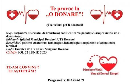 Salvarea unei vieți este în tine! Donează sânge! - Campanie de donare la UTS Dorohoi. Vezi când și cum poți dona!