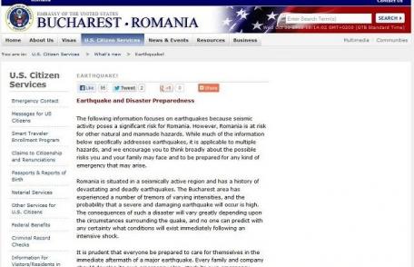 Avertizare de cutremur în România pe site-ul ambasadei SUA