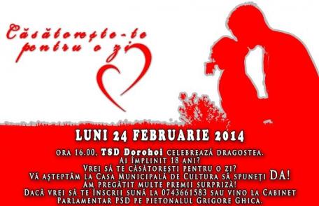 TSD Dorohoi organizează astăzi la Casa Municipală de Cultură evenimentul „Căsătorie pentru o zi”