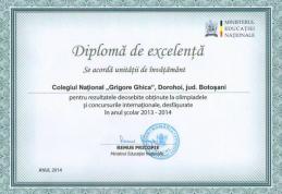 Diplomă de excelență oferită de Ministerul Educației Naționale, Colegiului Național „Grigore Ghica” Dorohoi