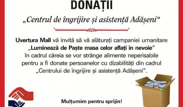 Uvertura Mall derulează campanii umanitare în preajma Sfintelor Sărbători Pascale